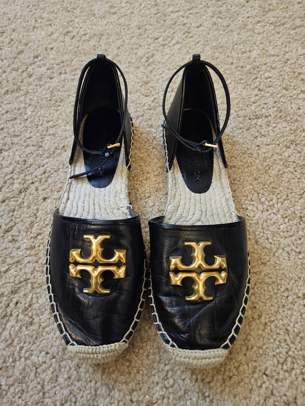 Tory Burch Black Leather Espadrille Flats with Gold Logo Size 9.5